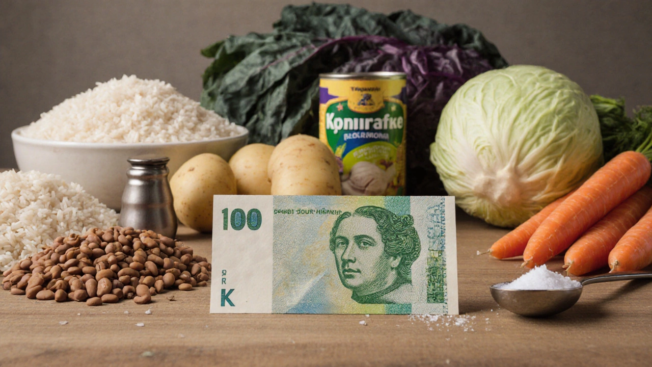 100 Kč bankovka s pěti základními surovinami: rýží, fazolemi, bramborami, mrkví a kyselým zelím.