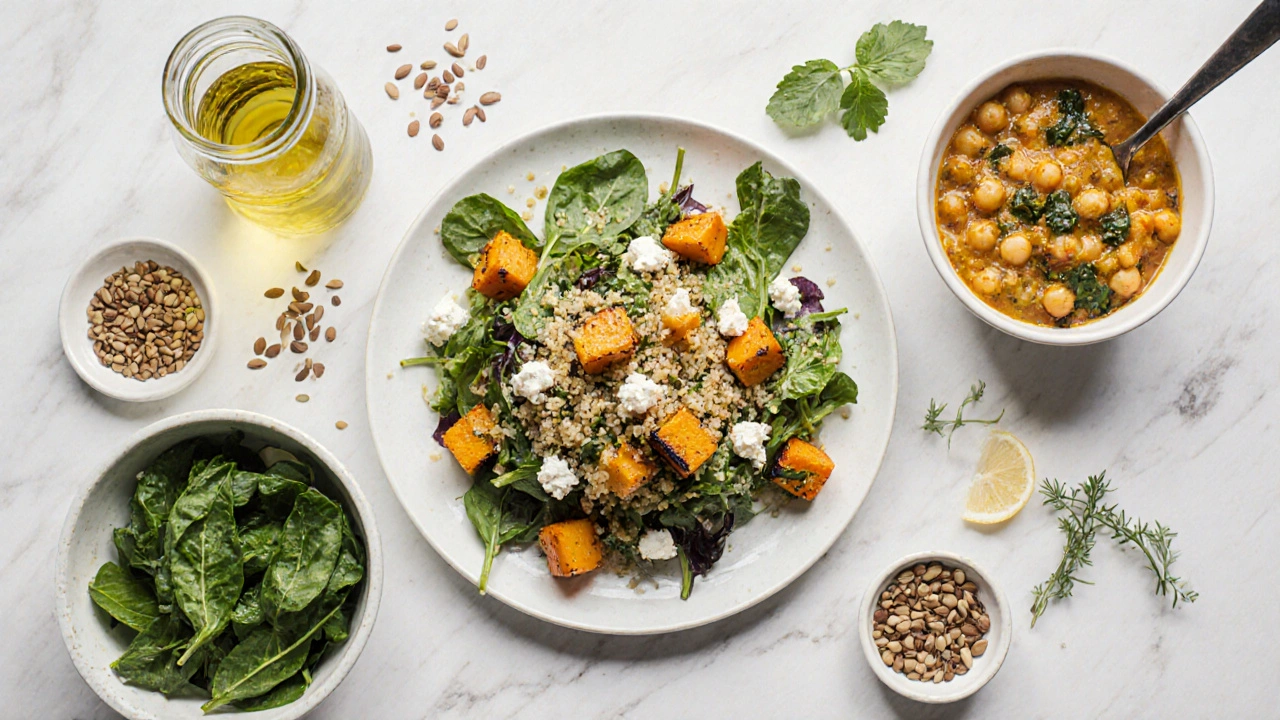 Balancovaný vegetariánský talíř s quinoa salátem, cizrnovým kari a ozdobami.