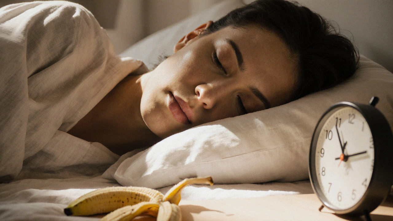 Člověk klidně spí v posteli, vedle něj zůstal kůžička od banánu.