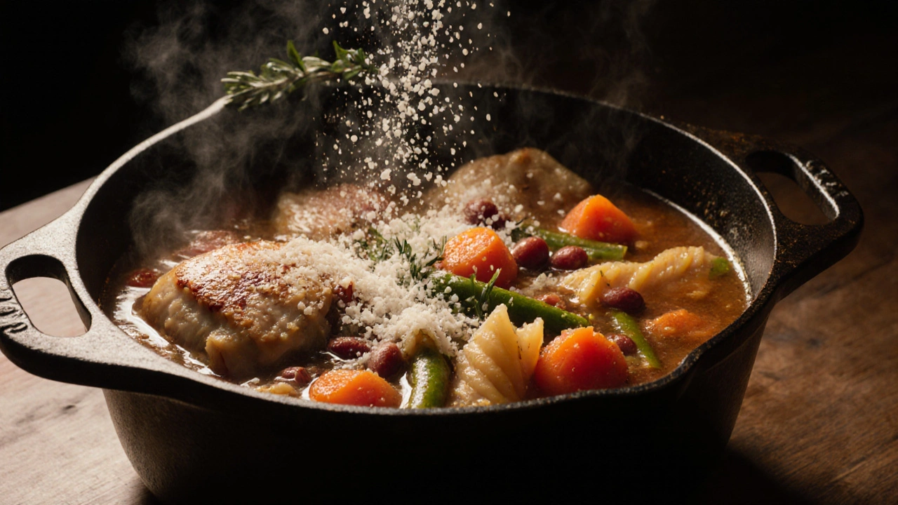 Minestrone polévka s kuřecími stehny, zeleninou a těstovinami v ručně vyrobeném hrnci.
