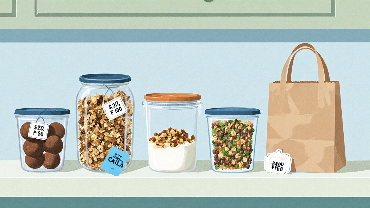 Přehled připravených svačinek v plastových krabičkách: energetické koule, granola, jogurt a quinoa salát.