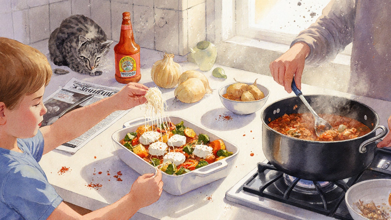 Rodina připravuje nedělní oběd v kuchyni s zeleninou a tvarohem.