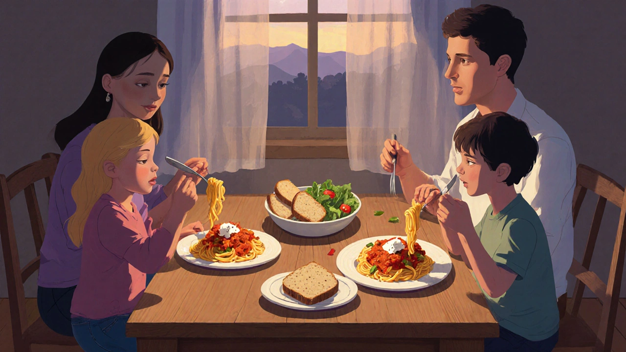 Rodina společně jí jednoduchou večeři na dřevěném stole večer.