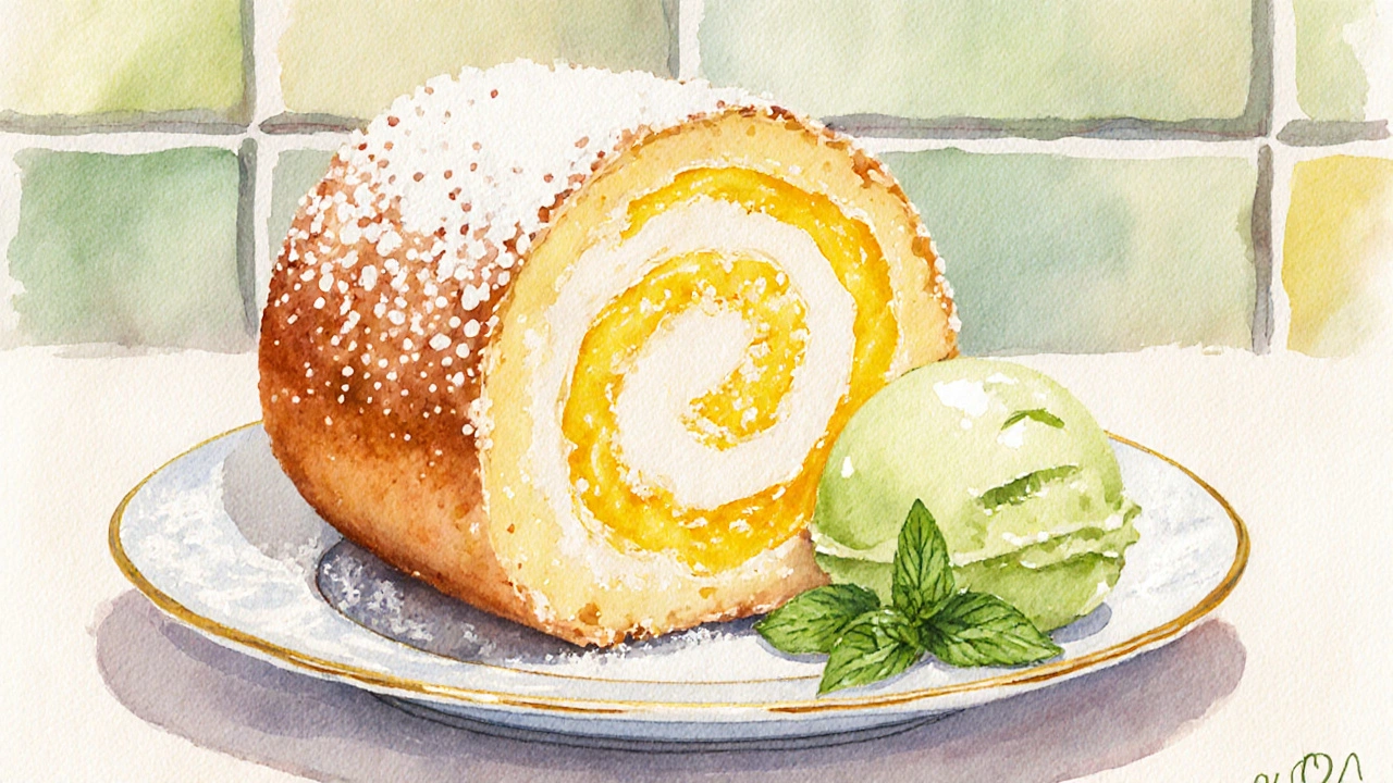 Rozkrájená citronová rolka s citronovým krémem a limetkovým sorbetem.