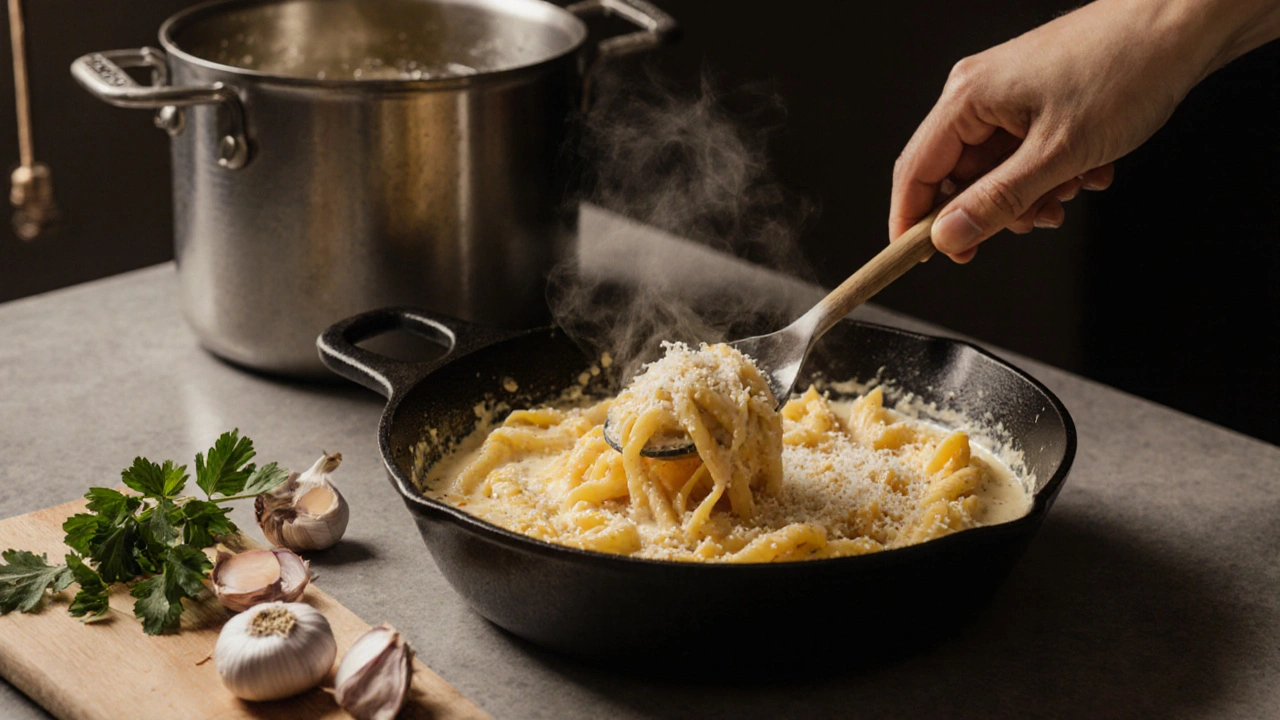 Rukou se míchají těstoviny s vejci a sýrem na pánvi s česnekem.
