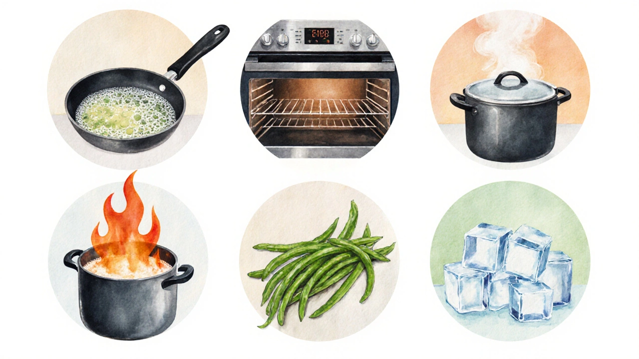 Šest malých scén představujících různé způsoby tepelné úpravy jídla.