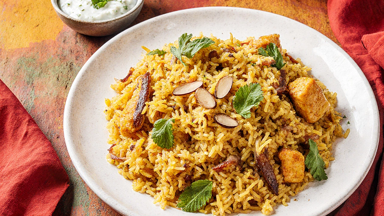 Talíř s vonnou basmati biryani, žlutým šafránovým rýžovým základem, kuřecím masem a čerstvým koriandrem.