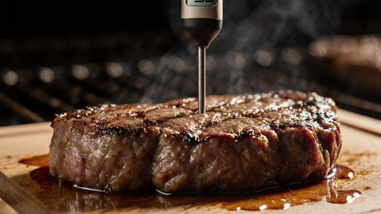 Teploměr zasazený do steaku ukazuje vnitřní teplotu.