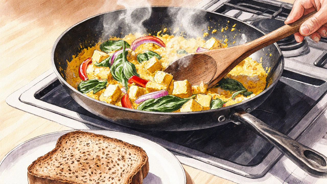 Tofu míchané na pánvi s paprikou a špenátem, podávané s celozrnným toastem.