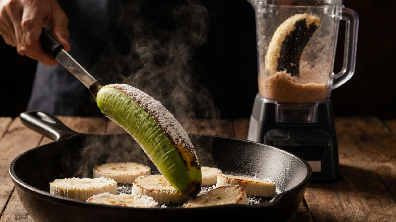 Zelený banán na pánevce a zčernaný banán v mixéru, oba jako suroviny pro vaření a pečení.