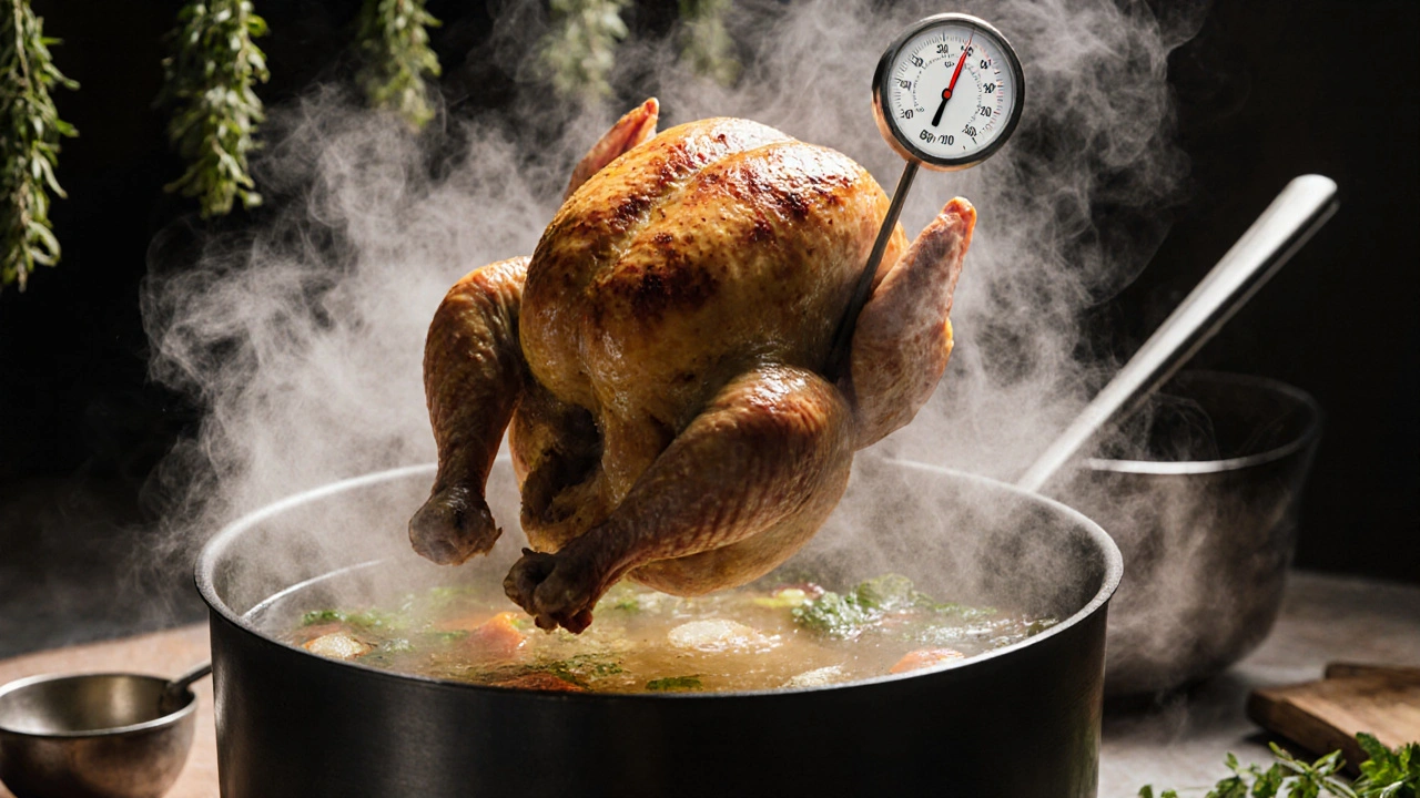 Celé kuře vyndávané z vývaru, teploměr ukazuje 74 °C, pára se vznáší kolem masa.