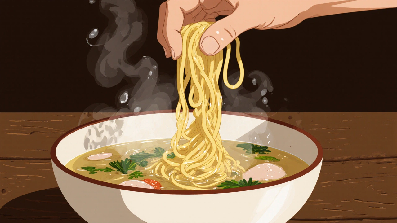 Čerstvě nařezané nudle klesají do teplé polévky s výparou.