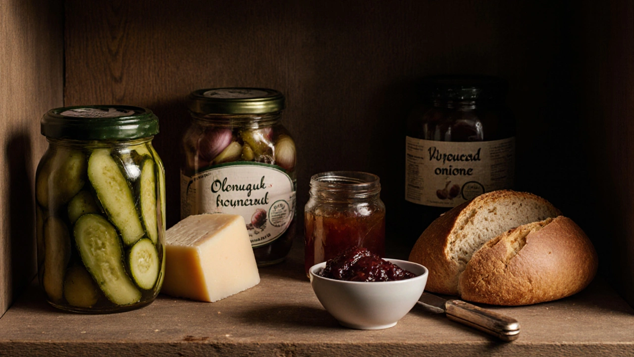Česká pokladnice s nakládanou zeleninou, sýrem, medem a povidly.
