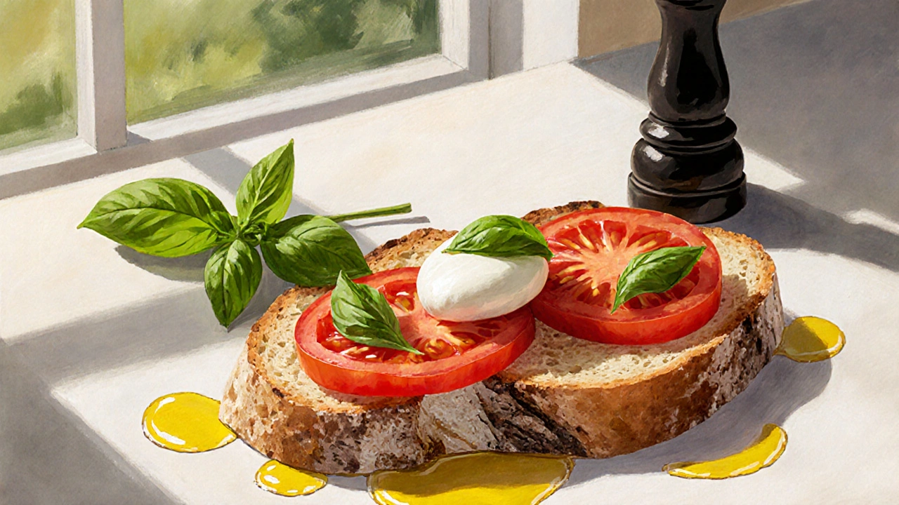 Chléb s rajčaty, bazalkou a olivovým olejem na letním stole.