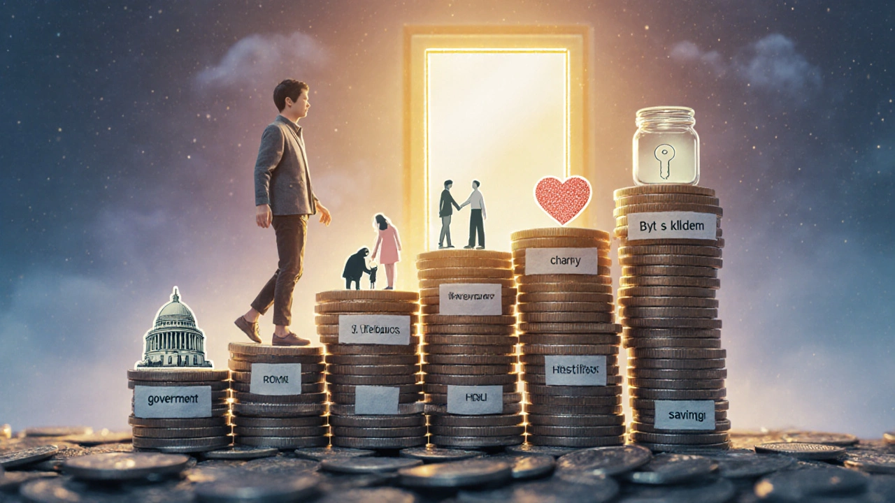 Člověk stoupá po schodech z podpor pro nájem k domovu s klidem.