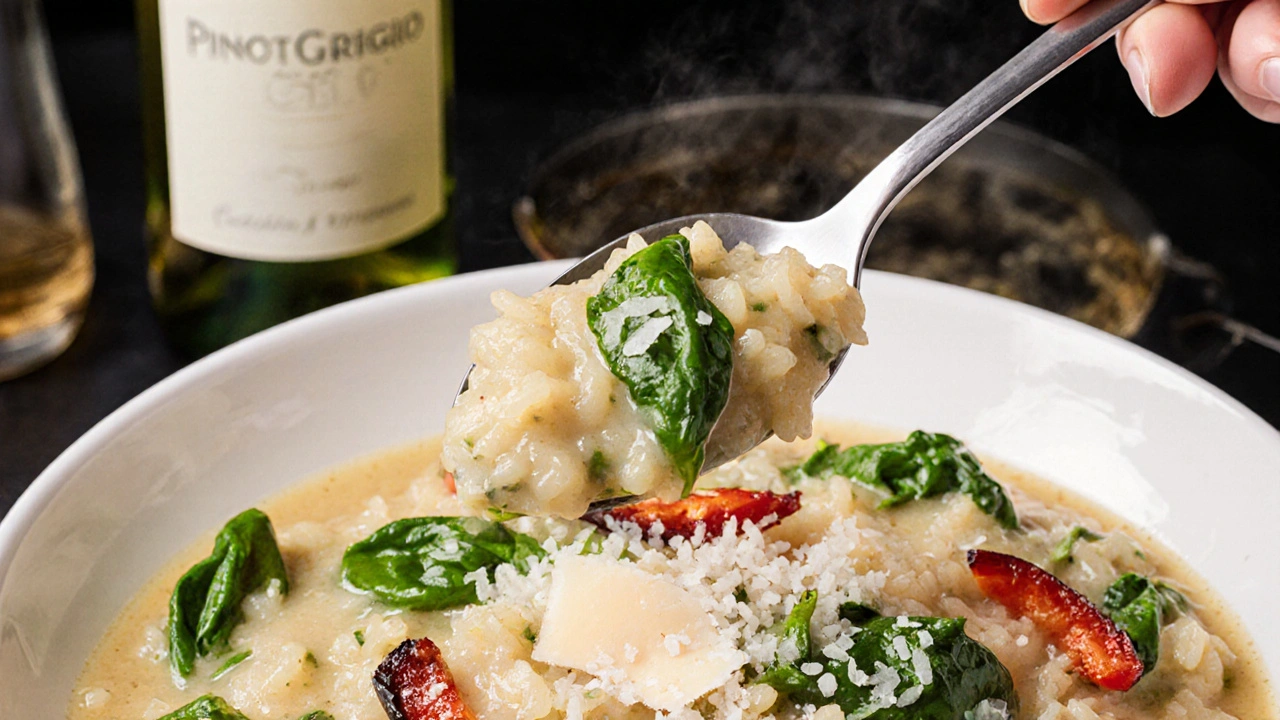 Detail rizota s křehkými zrnky a krémovou omáčkou, s listy špenátu a parmazánem na pozadí.