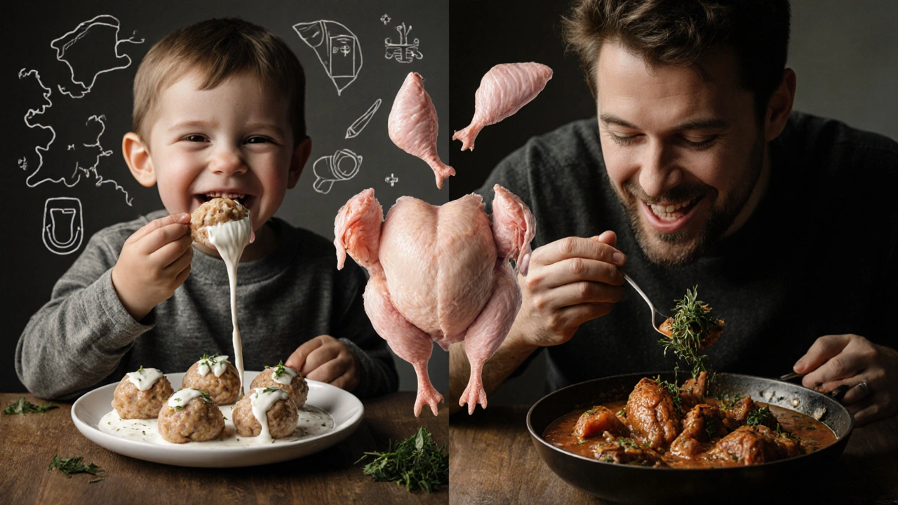 Dítě jedlé kuřecí kuličky a dospělý s vývarem, celé kuře rozdělené na části