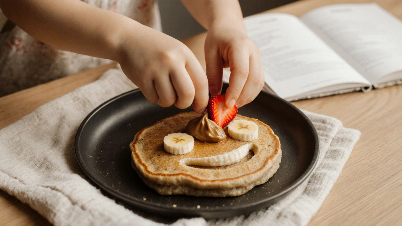 Dítě zdobí palačinku jahodami a ořechovým máslem, palačinka má tvar úsměvu.