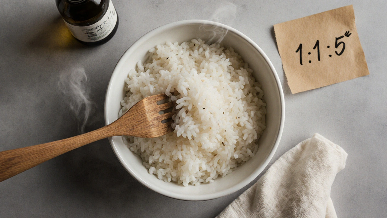 Dokonale uvařená rýže v míse s vidličkou a nápisem 1:1.5.