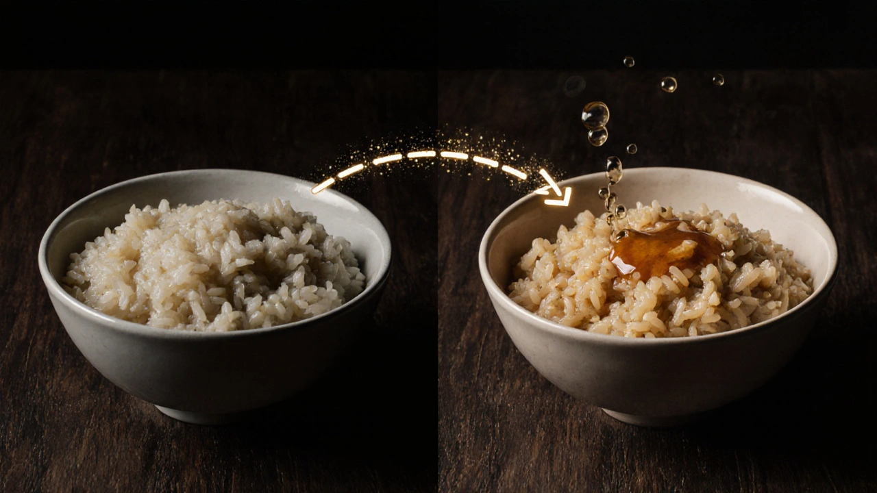 Dvě verze rizota: špatná jako kaše a ideální s křehkými zrnky, spojené proudem horkého vývaru.