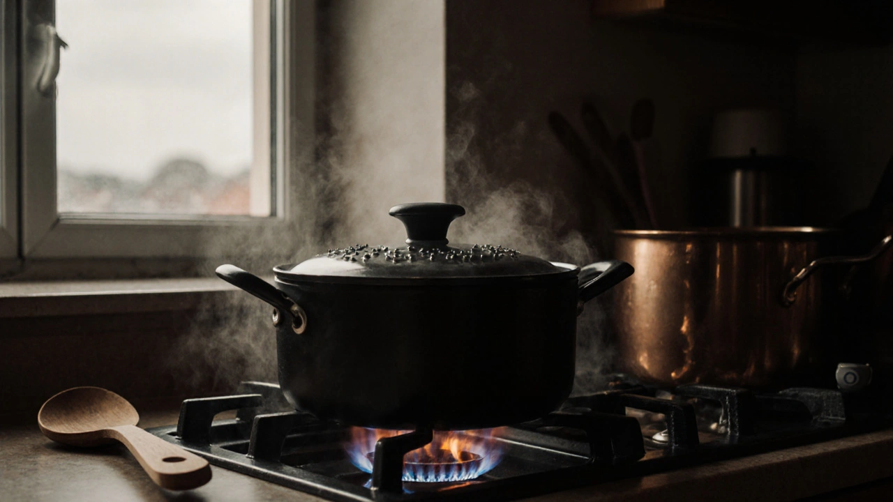 Hrnec s rýží vaří se zavřenou pokličkou na plynové desce.