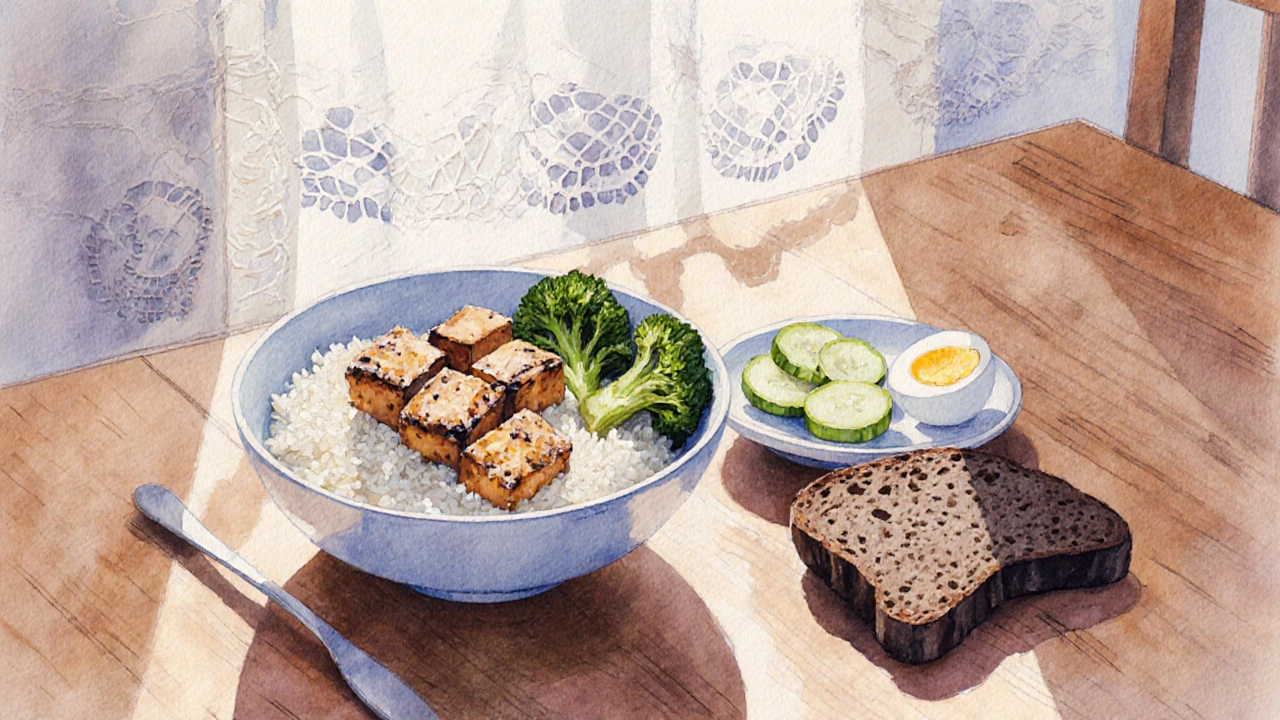 Jednoduchý oběd s rýží, tofu a pečenou brokolici na dřevěném stole