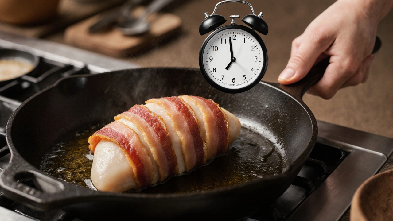 Kuřecí prsíčko obalené slaninou smažené v hrnci s olejem.