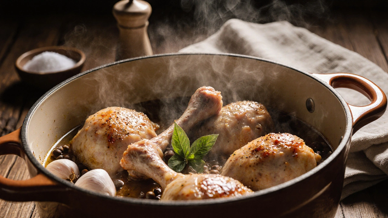 Kuřecí stehna a lýtko pomalu vaří v keramickém hrnci s bylinkami a česnekem.