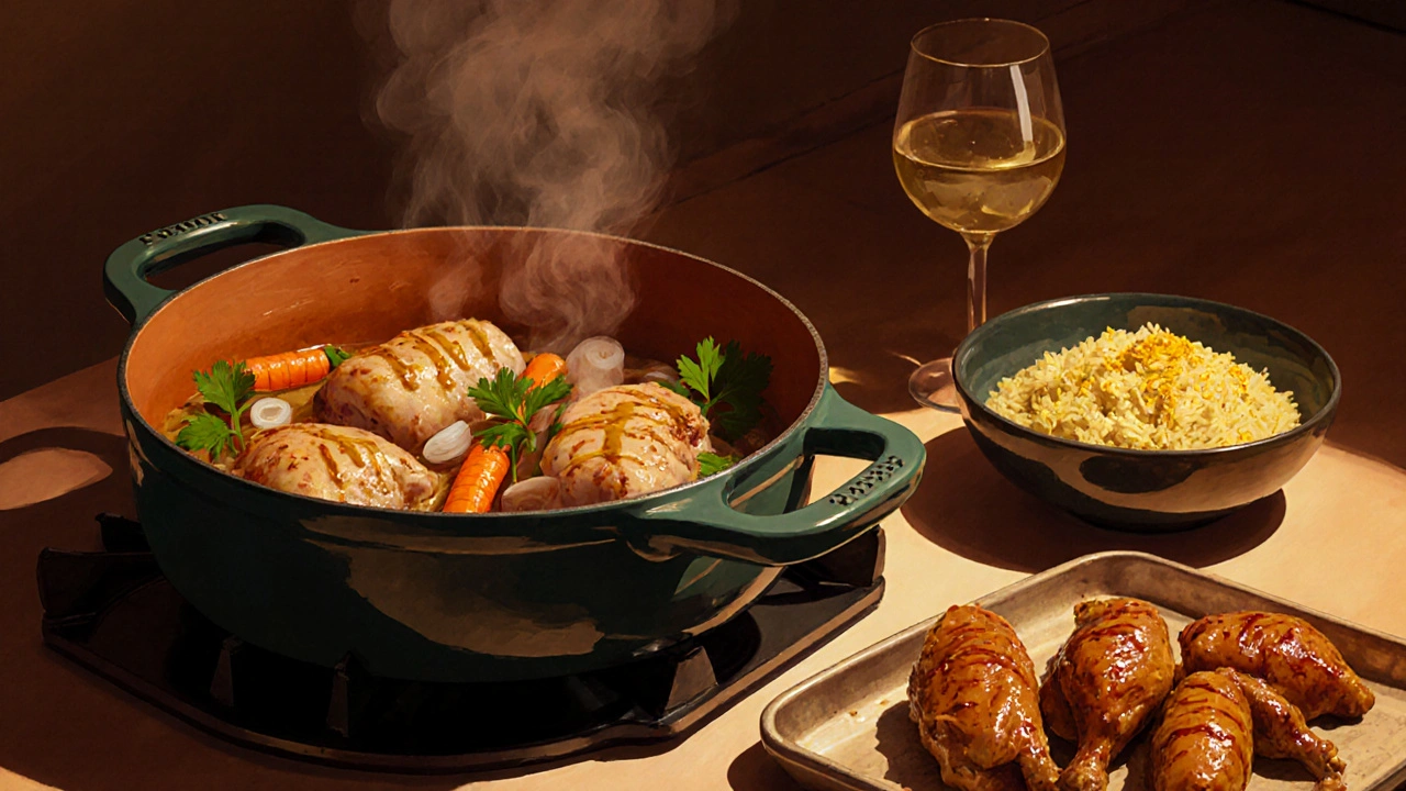 Kuřecí vývar vařící se na pánvi s zeleninou a párou