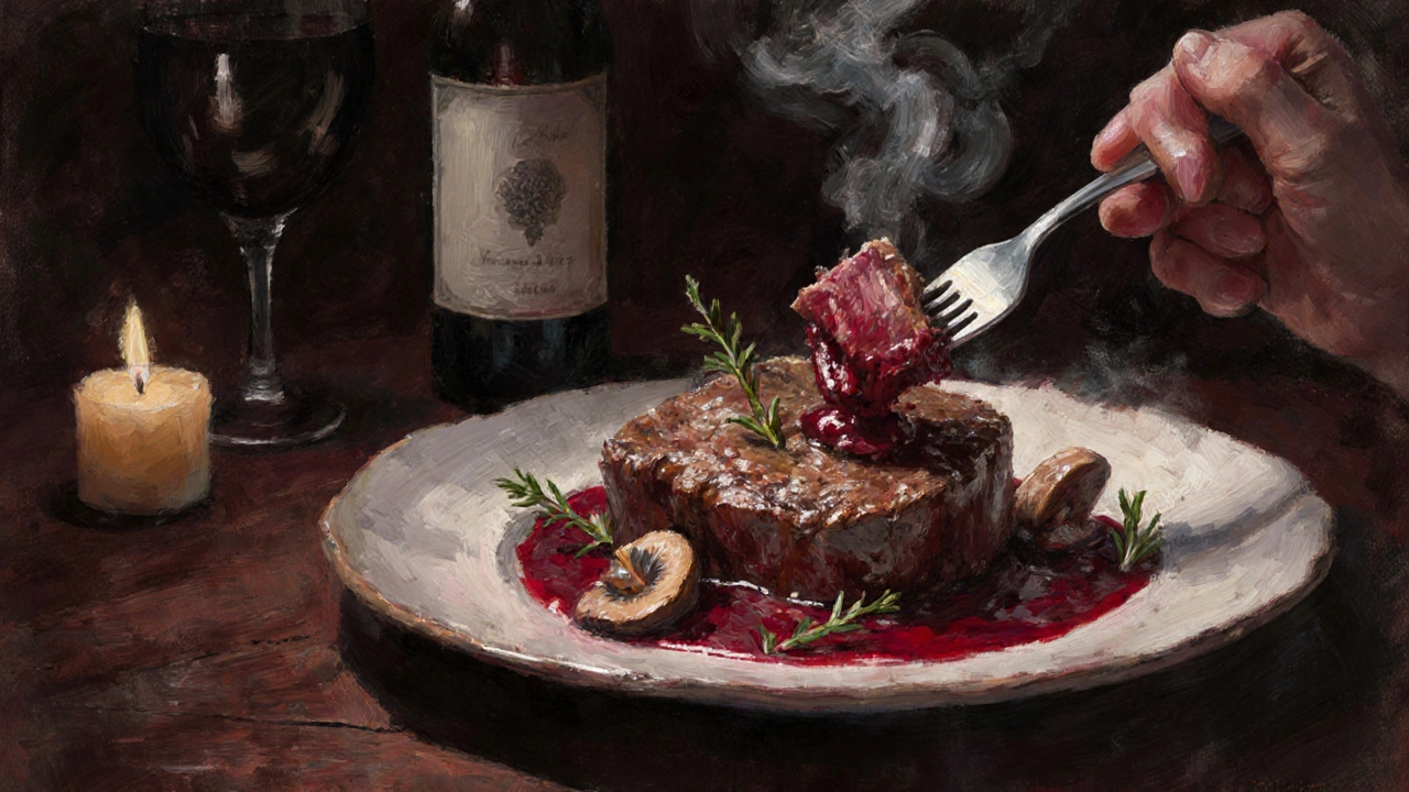 Měkké hovězí nice se rozpadá na vidličku v červeném víně s houbami a tymiánem.