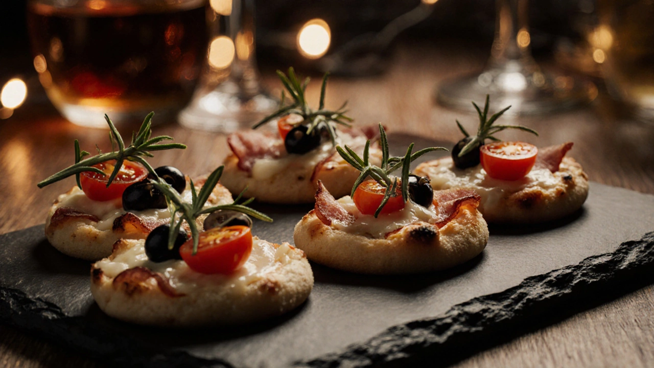 Mini pizzy s rozmarýnem a slaným pařížem na šedé desce, s rajčaty a olivami.