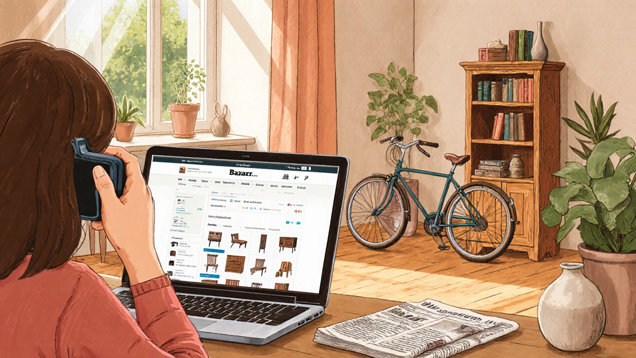 Osoba prodává starý nábytek online v domácím prostředí.