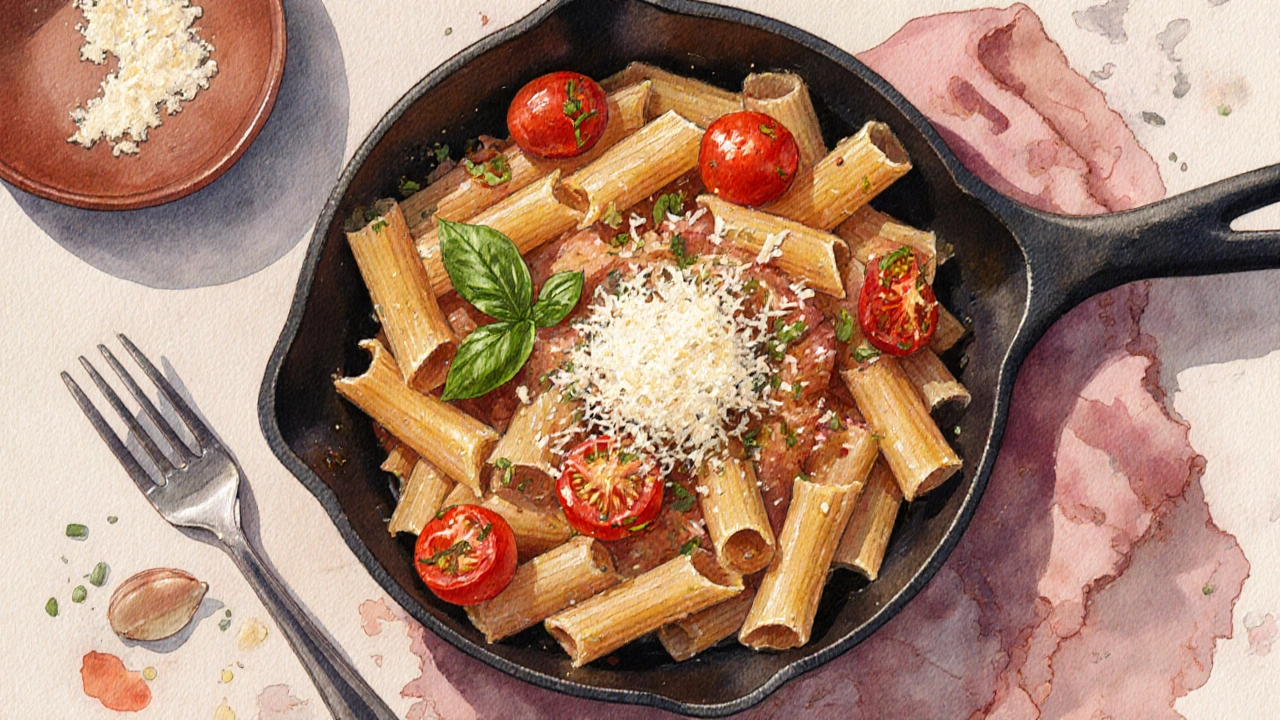 Pasta with tomatoes and melted cheese on a rustic plate, fresh basil beside it.