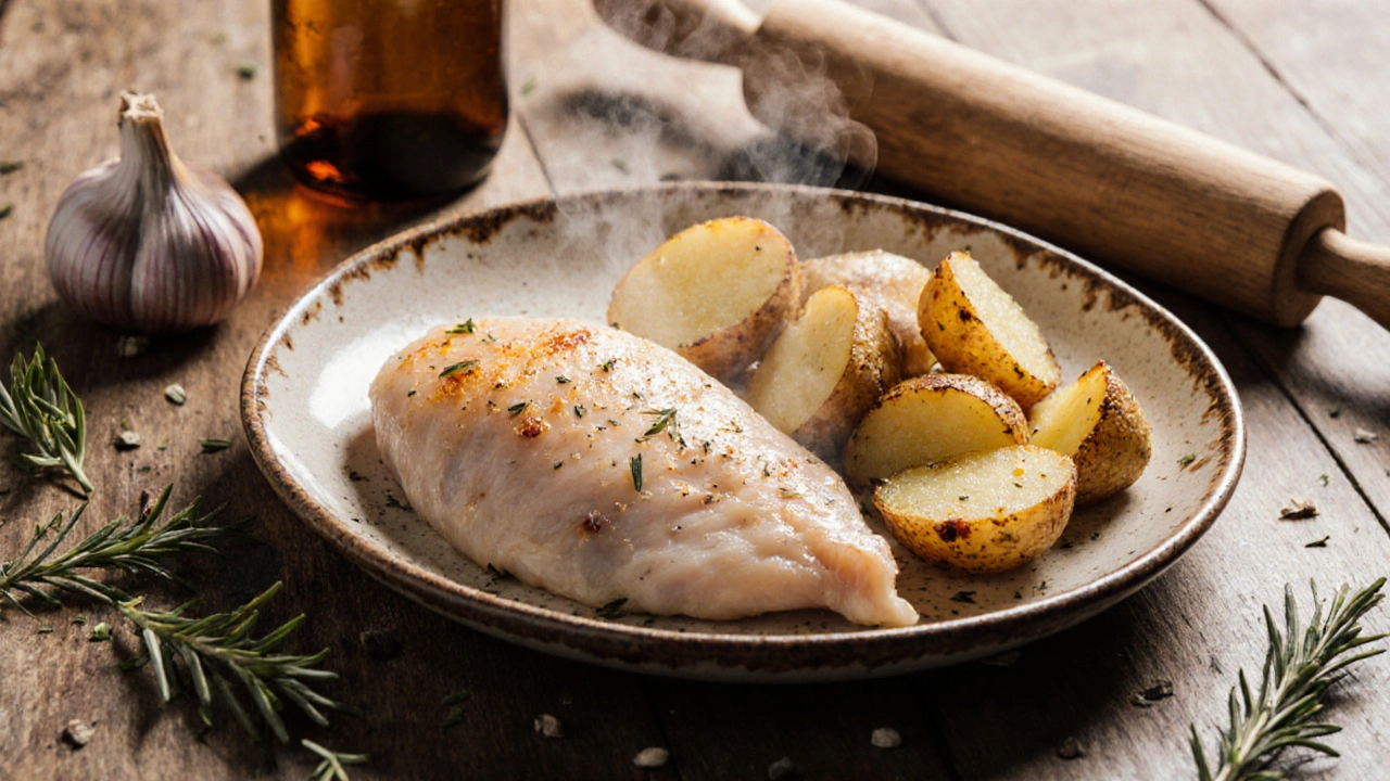 Podusené kuřecí prsa a brambory na talíři s bylinkami a kuchyňskými nástroji.