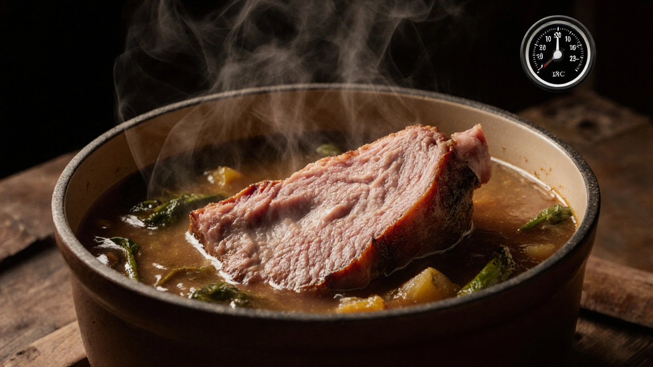 Pomalu pečené vepřové koleno v hrnci s tukem a zeleninou, s teploměrem.