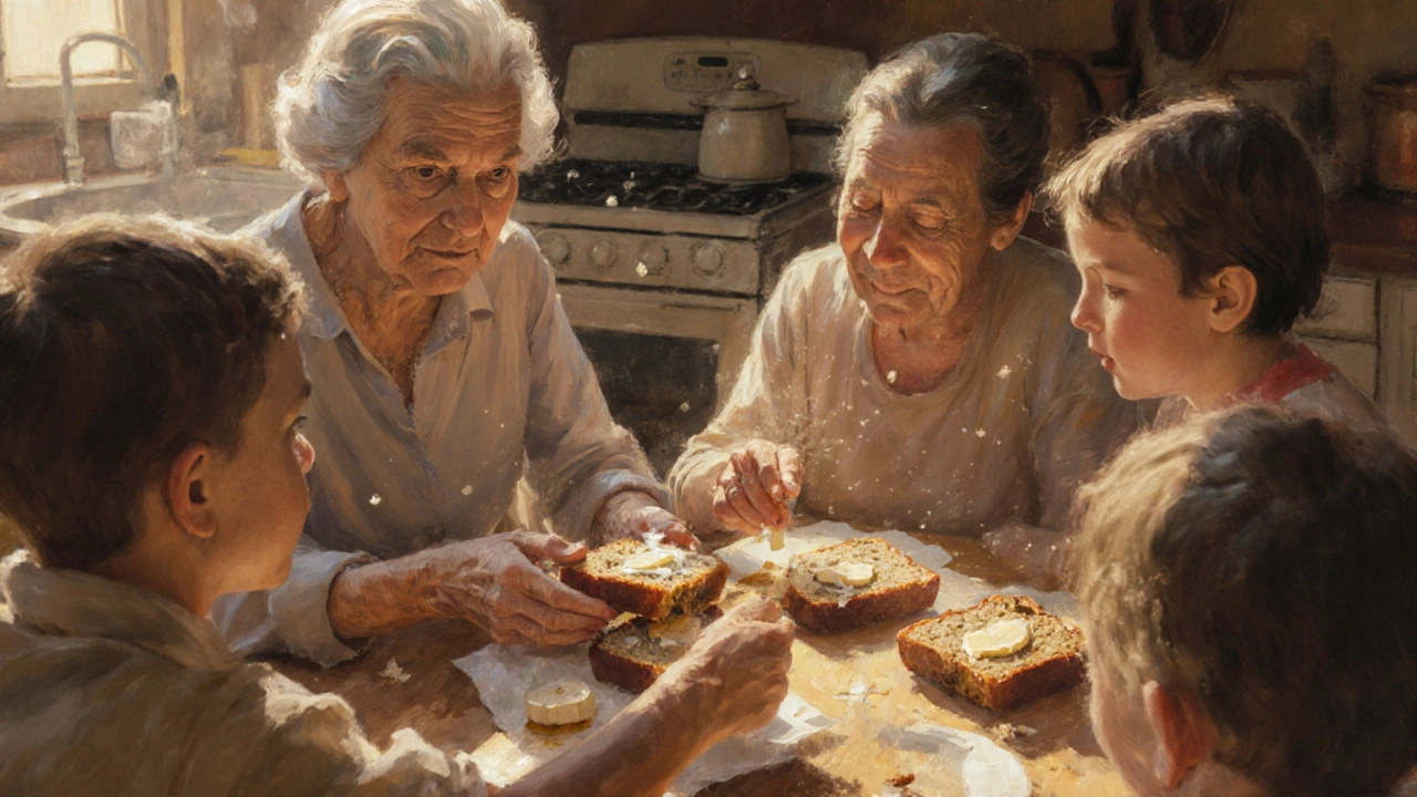 Rodina sdílí banana bread u stolu, babička podává kousek dítěti.