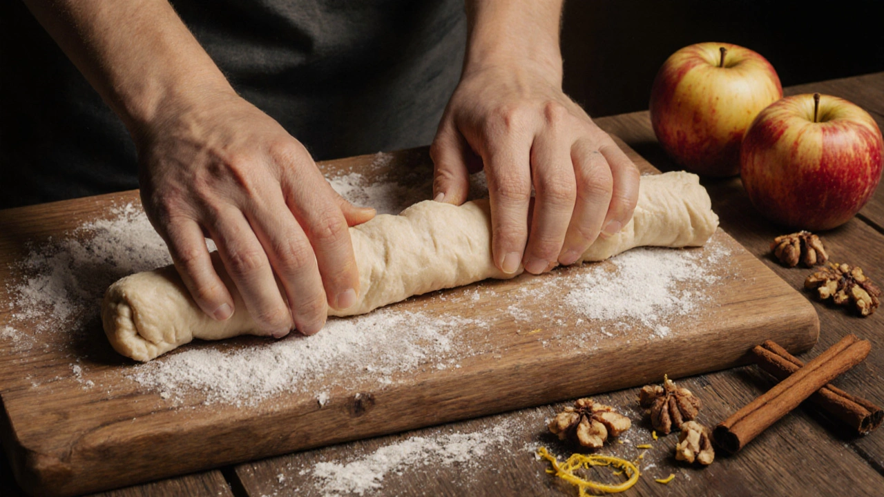 Ruce roztahují štrůdlové těsto na dřevěné desce s jablky a ořechy vedle.