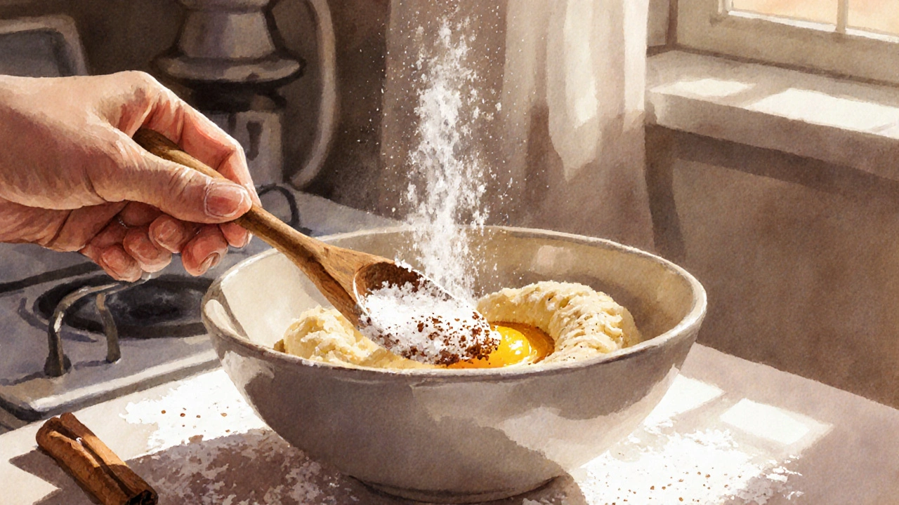 Ruka míchá banány a vejce v míse, prach mouky a skořice ve vzduchu.