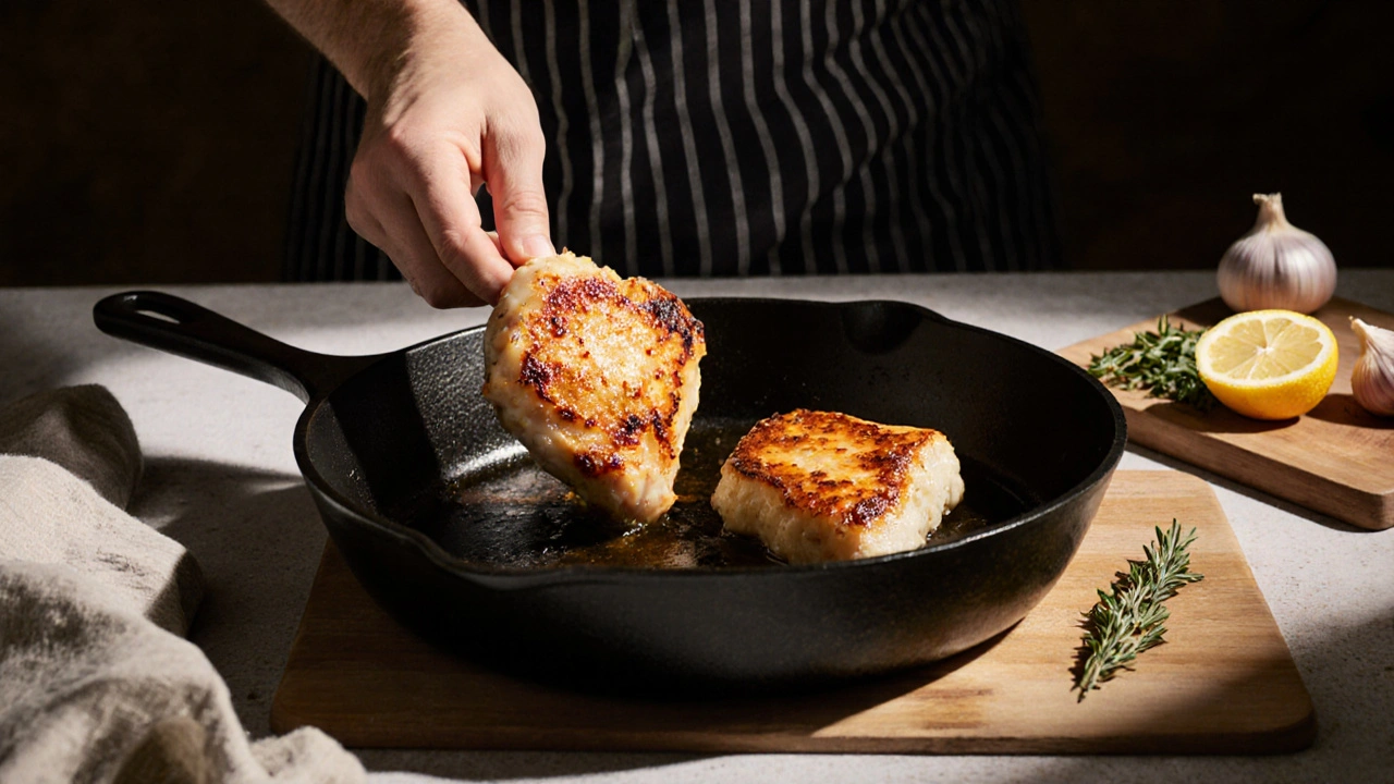 Ruka převrací kuřecí stehno na pánvi s křupavou kůží a kořením.