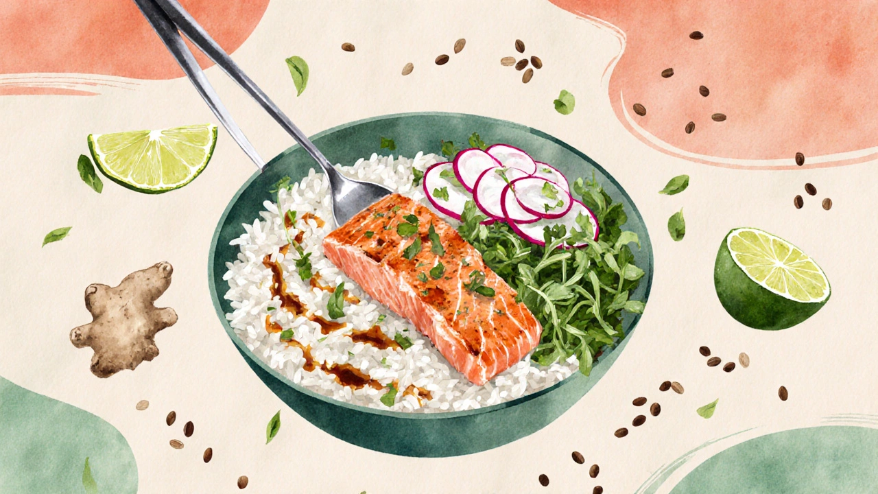 Rýže s lososem, citrónem a zeleninou v asijátském stylu