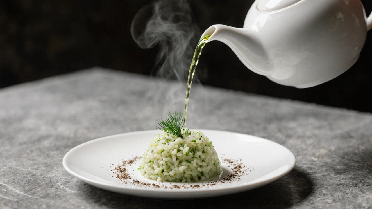 Rýže vařená v zeleném čaji s kousek dýně a párou