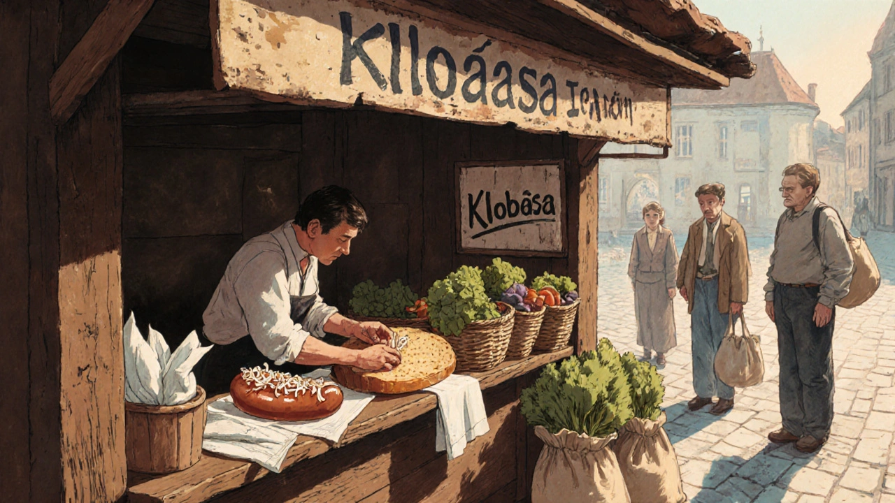 Sausage with onions on fresh bread at Letná market stall, wooden counter with vegetables and cloth napkins.