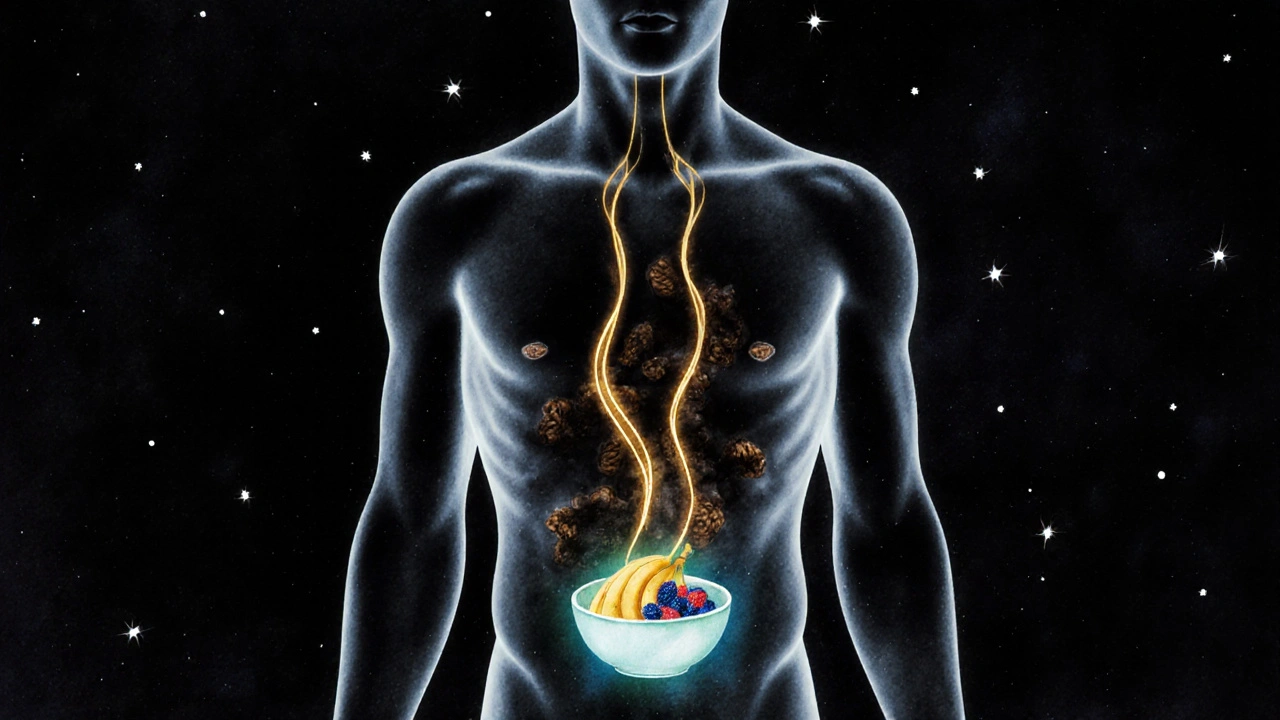 Schematický obraz těla s energií z ovoce: jahody v modrém a banány v tmavém
