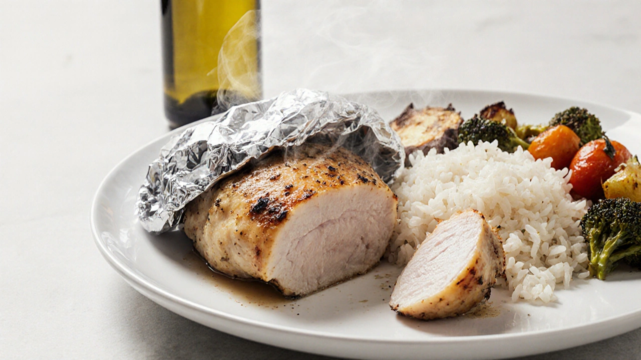Smažené kuře odpočívající na talíři s rýží a zeleninou, lehce pokryté fólií.