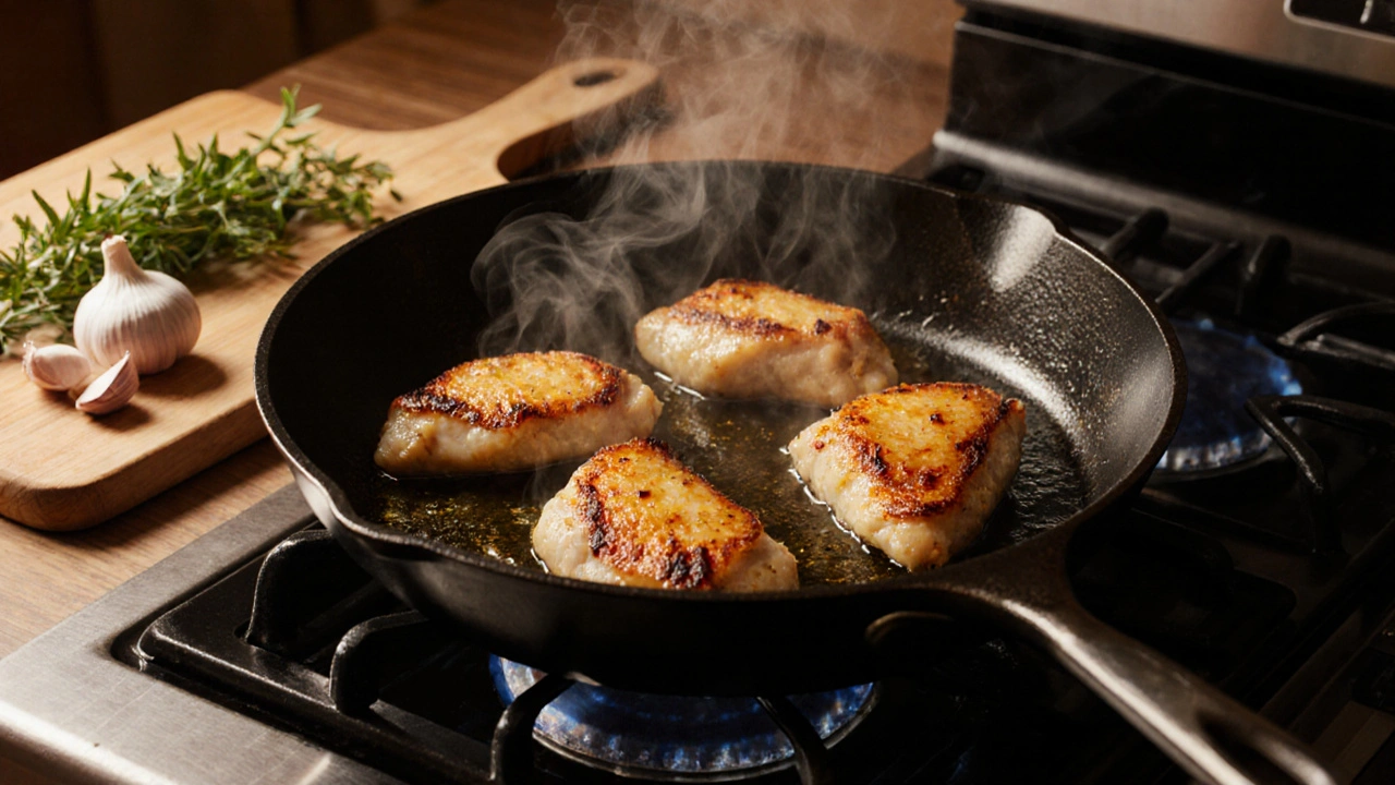 Smažené kuřecí prsa na pánvi s zlatavou kůrkou a kouřem nad nimi.