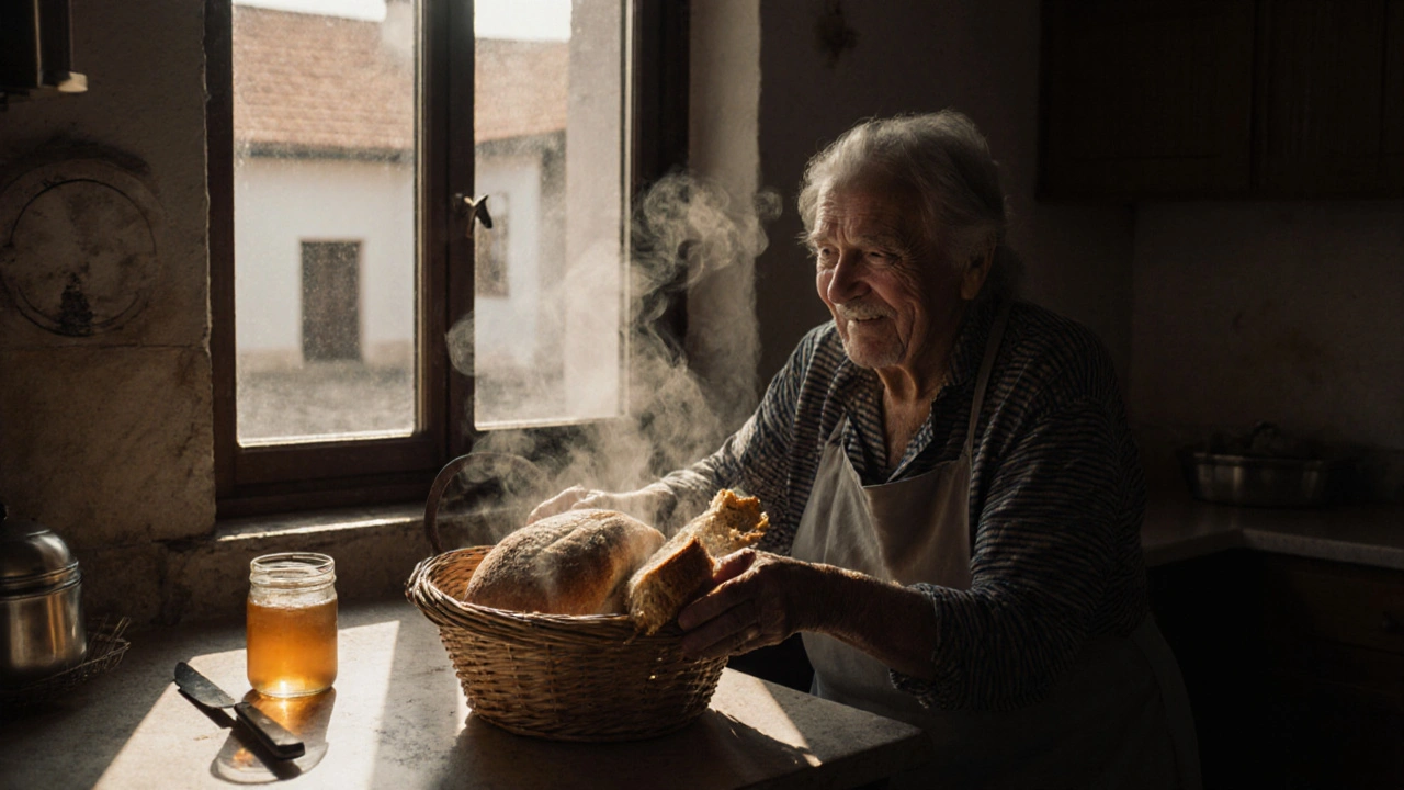 Stará žena klade čerstvě upékaný chléb do košíku, z něj stoupá pára.