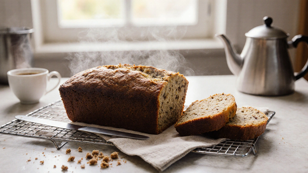 Svěží banana bread na mřížce s kouskem odříznutým a kapek páry.