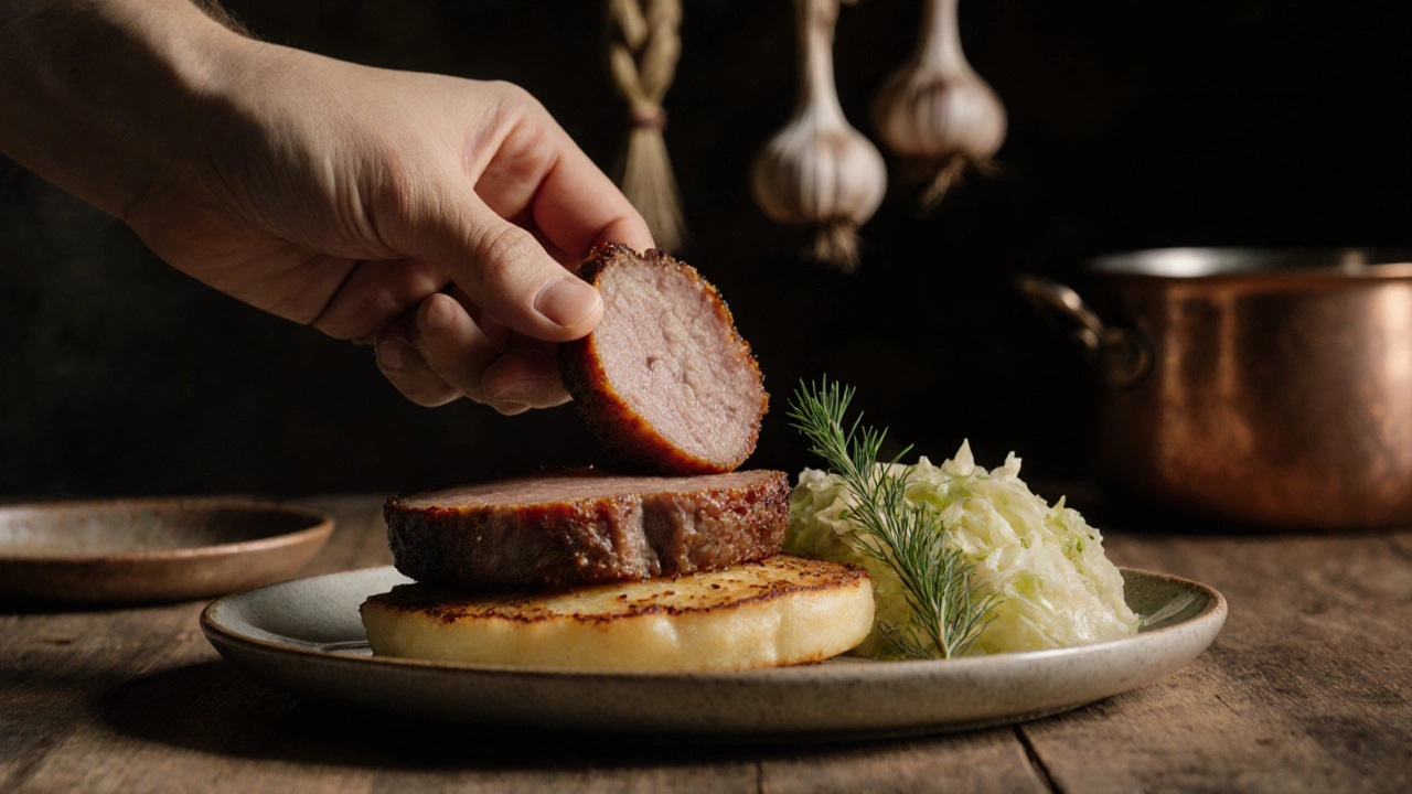 Tenký plátek uzené šunky na bramboráku s kyselým zelím a bylinkami.