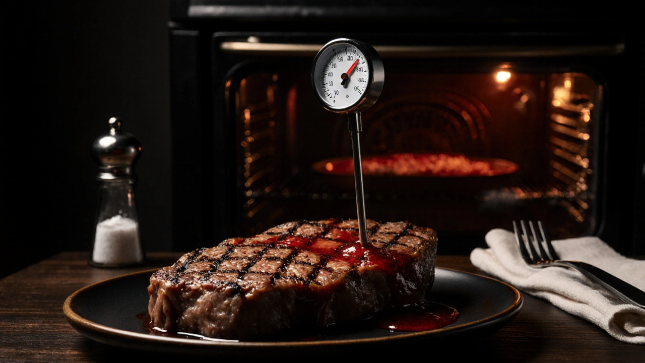 Teploměr v pečeném hovězím steaku s viditelnými skvrnami z grilování.