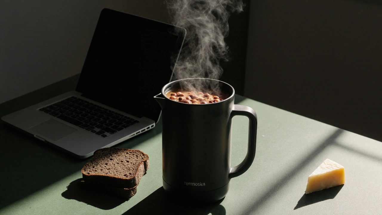 Termoska s polévkou na pracovním stole s chlebem a sýrem.
